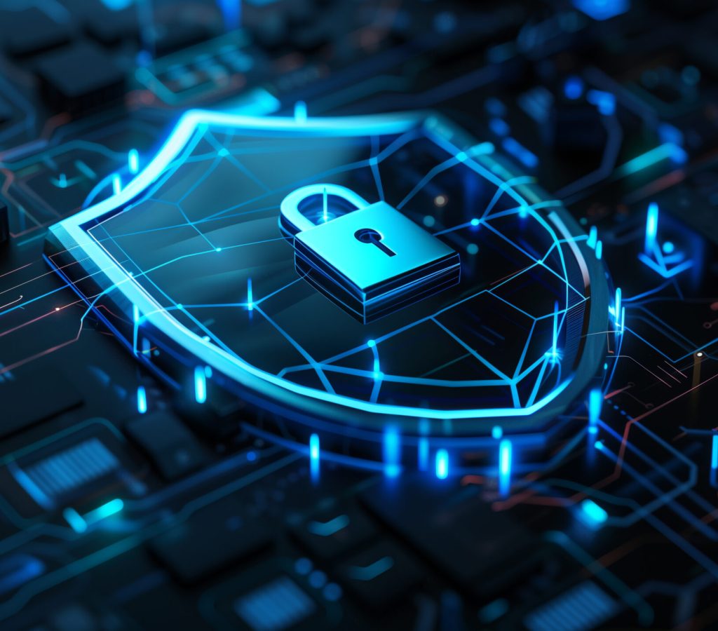 3D illustration of shield with lock and digital data network, blue color theme, isometric view, on dark background, concept for cyber security technology or online protection, detailed design, high resolution --ar 16:9 Job ID: fd295fbe-f95b-4c9b-a74c-1a67df883f9c